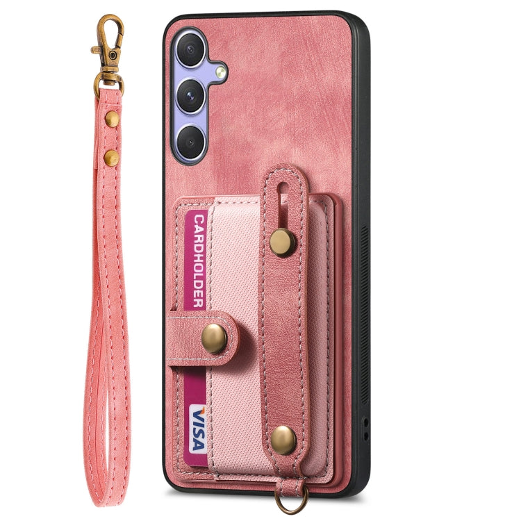 For Samsung Galaxy S25 Ultra 5G Retro Cross Wristband Wallet Leather Back Phone Case(Pink) - Galaxy S25 Ultra 5G Cases by buy2fix | Online Shopping UK | buy2fix