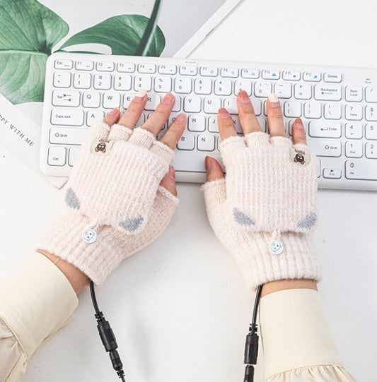 Winter Office USB Heating Warm Half Finger with Cover Gloves Heated Pad, Size: Free Size(Beige) - Safety Gloves by buy2fix | Online Shopping UK | buy2fix