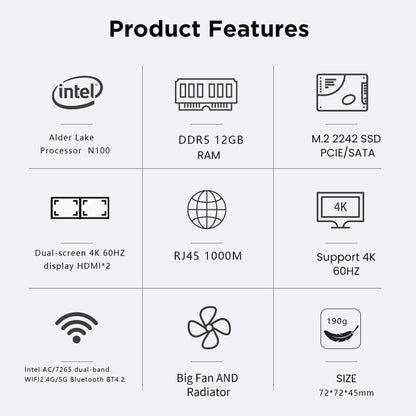 N100/DDR5 12th AlderLake-N100 Dual 4K60Hz Office And Home Mini PC, Spec: 12G+512G /US Plug - Windows Mini PCs by buy2fix | Online Shopping UK | buy2fix