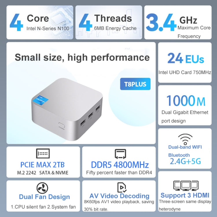 T8Plus Alder Lake-N100 4K Dual Band WIFI Bluetooth Office Game Portable Mini PC, Spec: 16G 128G EU Plug - Windows Mini PCs by buy2fix | Online Shopping UK | buy2fix