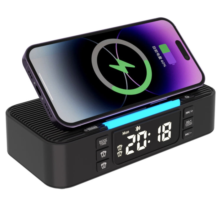 Digital Alarm Clock Wireless Charger Bluetooth Speaker RGB Night Light Cell Phone Stand(Black) - Desktop Speaker by buy2fix | Online Shopping UK | buy2fix