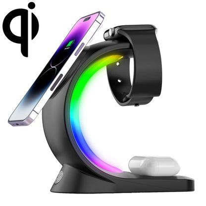 T17 3-in-1 RGB Atmosphere Light MagSafe Phone Watch Earphone Wireless Charger, Color: Black with US Plug - Wireless Charger by buy2fix | Online Shopping UK | buy2fix