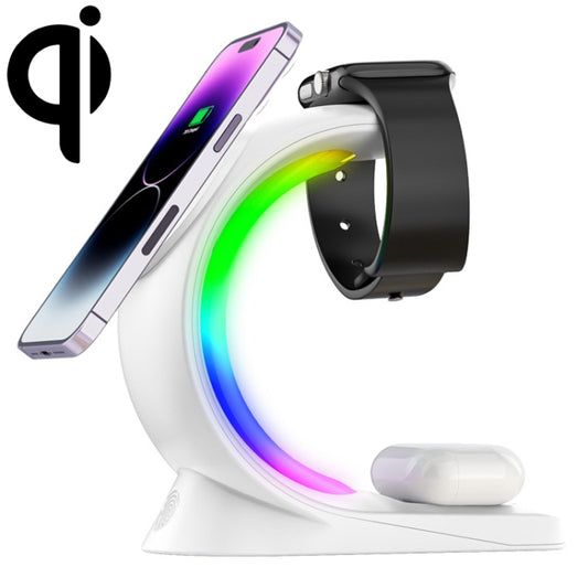 T17 3-in-1 RGB Atmosphere Light MagSafe Phone Watch Earphone Wireless Charger, Color: White with UK Plug - Wireless Charger by buy2fix | Online Shopping UK | buy2fix