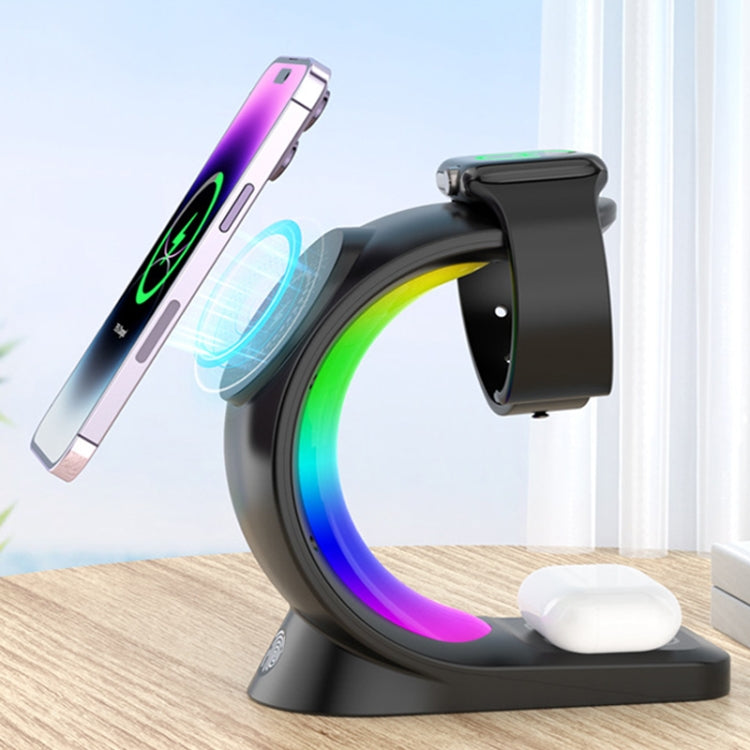 T17 3-in-1 RGB Atmosphere Light MagSafe Phone Watch Earphone Wireless Charger, Color: White with EU Plug - Wireless Charger by buy2fix | Online Shopping UK | buy2fix