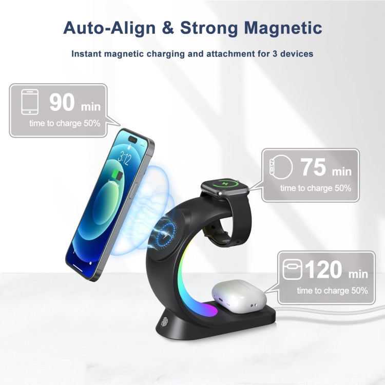 T17 3-in-1 RGB Atmosphere Light MagSafe Phone Watch Earphone Wireless Charger, Color: White with EU Plug - Wireless Charger by buy2fix | Online Shopping UK | buy2fix