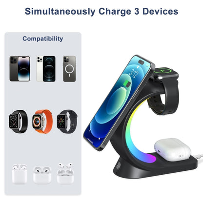 T17 3-in-1 RGB Atmosphere Light MagSafe Phone Watch Earphone Wireless Charger, Color: White with US Plug - Wireless Charger by buy2fix | Online Shopping UK | buy2fix