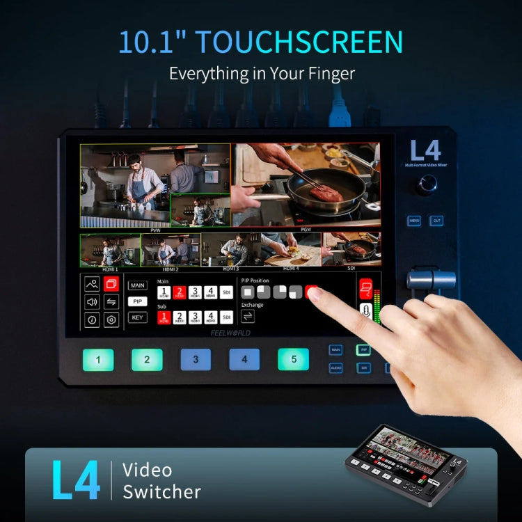 FEELWORLD L4 Multi-Camera Video Mixer Switcher 10.1" Touch Screen USB 3.0 Fast Streaming(AU Plug) - On-camera Monitors by FEELWORLD | Online Shopping UK | buy2fix