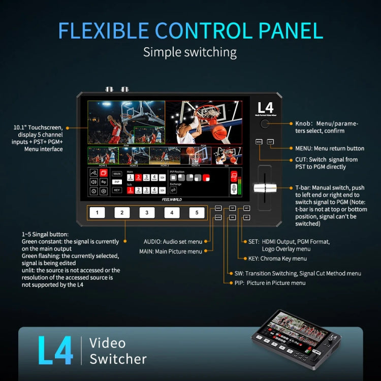 FEELWORLD L4 Multi-Camera Video Mixer Switcher 10.1" Touch Screen USB 3.0 Fast Streaming(UK Plug) - On-camera Monitors by FEELWORLD | Online Shopping UK | buy2fix