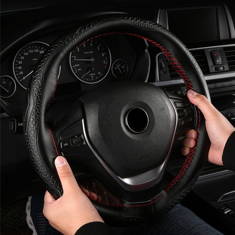 38cm Four-Season Embossed Hand-Sewn Cowhide Steering Wheel Cover(Wine Red) - Steering Wheel Accessories by buy2fix | Online Shopping UK | buy2fix