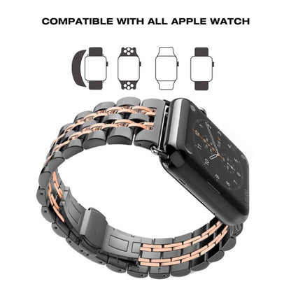 22mm Men Hidden Butterfly Buckle 7 Beads Stainless Steel Watch Band For Apple Watch 38mm(Black+Rose gold) - Watch Bands by buy2fix | Online Shopping UK | buy2fix