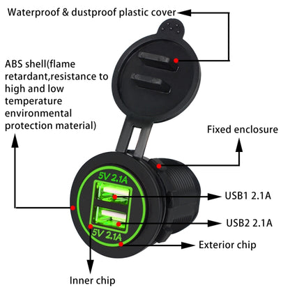 Universal Car Charger 2 Port Power Socket Power Dual USB Charger 5V 4.2A IP66 with Aperture (Green Light) - In Car by buy2fix | Online Shopping UK | buy2fix