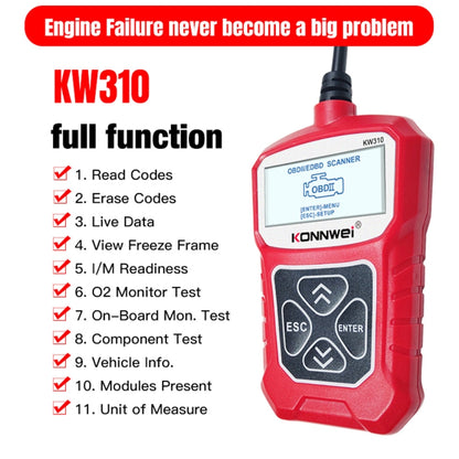 KONNWEI KW310 OBD Car Fault Detector Code Reader ELM327 OBD2 Scanner Diagnostic Tool(Red) - Code Readers & Scan Tools by KONNWEI | Online Shopping UK | buy2fix