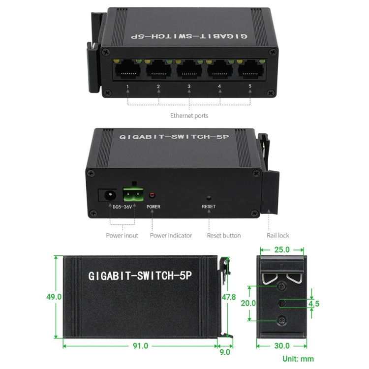 Waveshare Industrial 5P Gigabit Ethernet Switch, Full-Duplex 10/100/1000M, DIN Rail Mount - Modules Expansions Accessories by WAVESHARE | Online Shopping UK | buy2fix