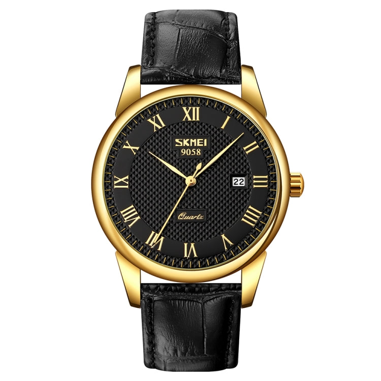 SKMEI 9058 Multifunctional Outdoor Fashion Waterproof Gold Shell Quartz Wrist Watch(Men Style Black Face Black Strap) - Leather Strap Watches by SKMEI | Online Shopping UK | buy2fix