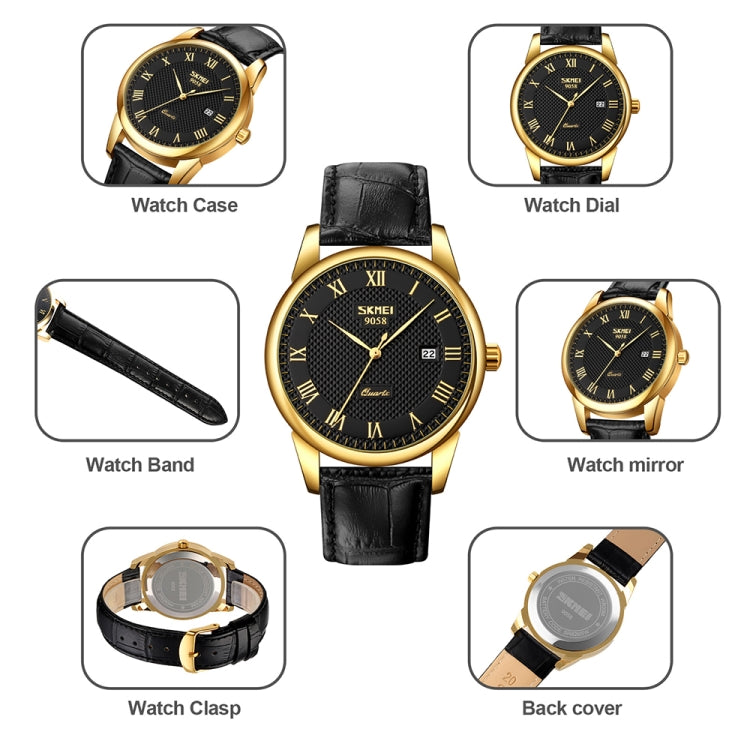 SKMEI 9058 Multifunctional Outdoor Fashion Waterproof Gold Shell Quartz Wrist Watch(Men Style Black Face Black Strap) - Leather Strap Watches by SKMEI | Online Shopping UK | buy2fix