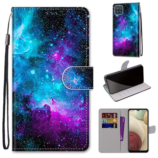 For Samsung Galaxy A12 / M12 Coloured Drawing Cross Texture Horizontal Flip PU Leather Case with Holder & Card Slots & Wallet & Lanyard(Purple Green Starry Sky) - Samsung Accessories by buy2fix | Online Shopping UK | buy2fix