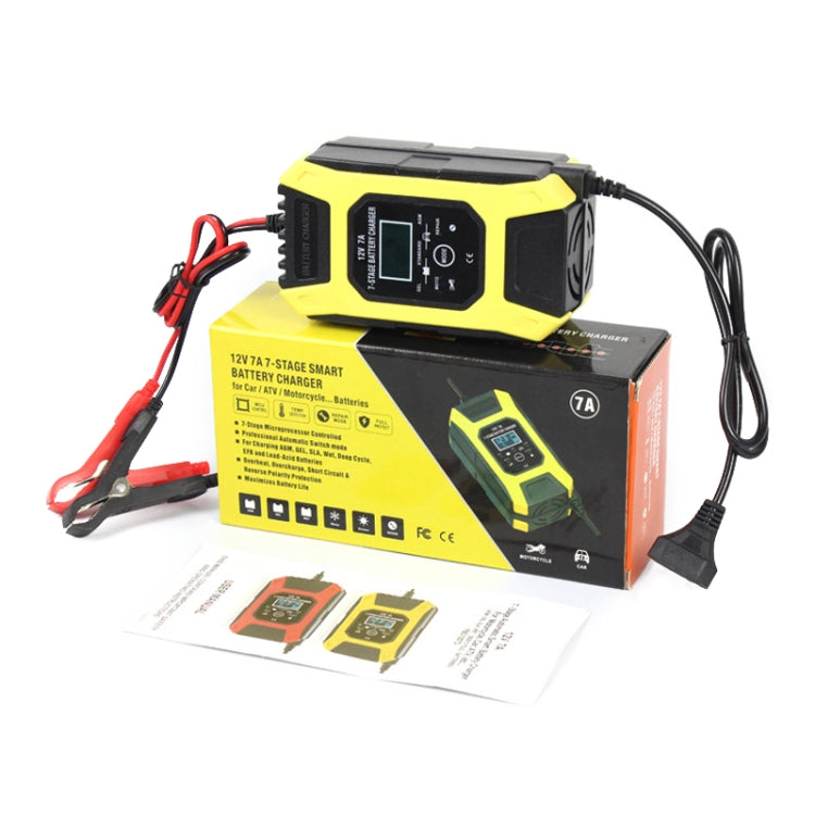 FOXSUR Car / Motorcycle Repair Charger 12V 7A 7-stage + Multi-battery Mode Lead-acid Battery Charger, Plug Type:EU Plug(Yellow) - In Car by FOXSUR | Online Shopping UK | buy2fix