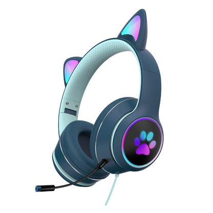 AKZ-022 USB + 3.5mm Port Cat Ear Design Foldable LED Headset with Mic(Dark Blue) - Multimedia Headset by buy2fix | Online Shopping UK | buy2fix