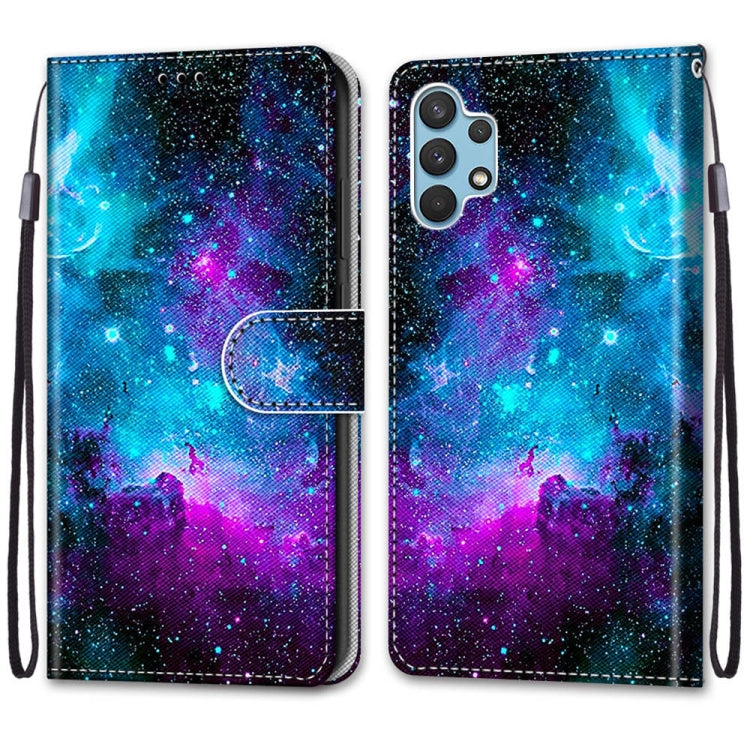 For Samsung Galaxy A32 4G / A32 Lite Coloured Drawing Cross Texture Horizontal Flip PU Leather Case with Holder & Card Slots & Wallet & Lanyard(Purple Green Starry Sky) - Samsung Accessories by buy2fix | Online Shopping UK | buy2fix