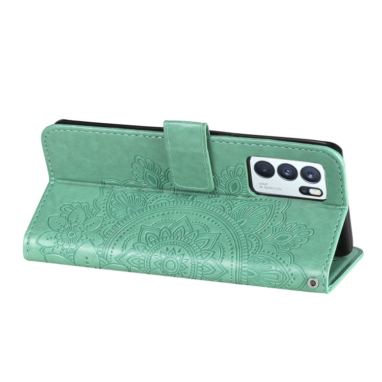 For OPPO Reno 6 Pro 5G 7-petal Flowers Embossing Pattern Horizontal Flip PU Leather Case with Holder & Card Slots & Wallet & Photo Frame(Green) - OPPO Cases by buy2fix | Online Shopping UK | buy2fix