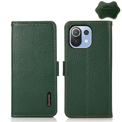 For Xiaomi Mi 11 Lite 5G / Mi 11 Lite KHAZNEH Side-Magnetic Litchi Genuine Leather RFID Phone Case(Green) - Xiaomi Cases by buy2fix | Online Shopping UK | buy2fix