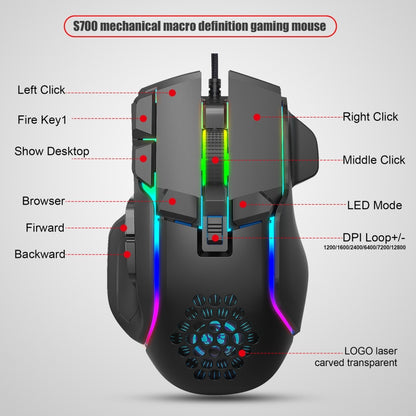 HXSJ S700 USB 12800dpi Adjustable 10-Keys Mechanical Wired Gaming Mouse(Black) - Wired Mice by HXSJ | Online Shopping UK | buy2fix