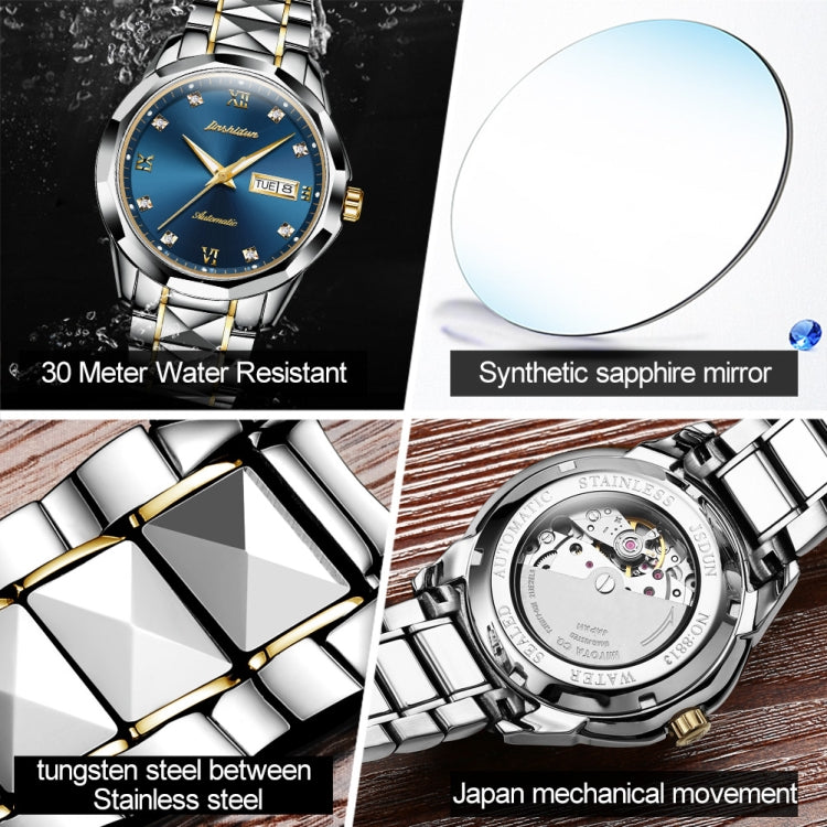 JIN SHI DUN 8813 Fashion Waterproof Luminous Automatic Mechanical Watch, Style:Men(Silver Gold Blue) - Metal Strap Watches by JIN SHI DUN | Online Shopping UK | buy2fix