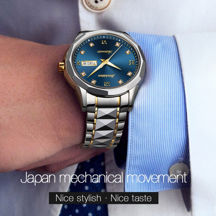 JIN SHI DUN 8813 Fashion Waterproof Luminous Automatic Mechanical Watch, Style:Men(Silver Gold Blue) - Metal Strap Watches by JIN SHI DUN | Online Shopping UK | buy2fix