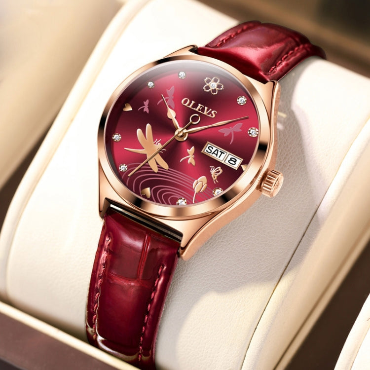 OLEVS 6611 Dragonfly Dual Calendar Mechanical Ladies Watch(Wine Red) - Leather Strap Watches by OLEVS | Online Shopping UK | buy2fix