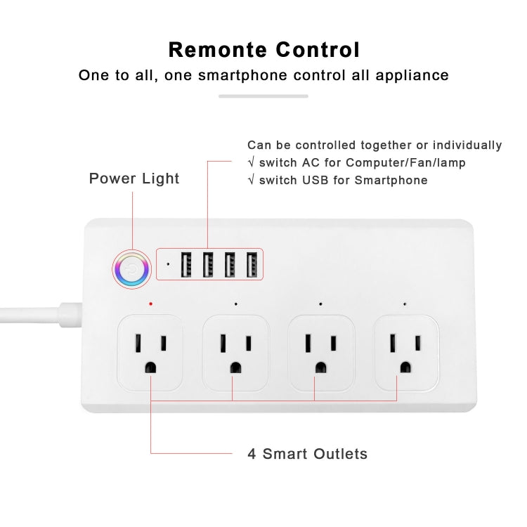 ZigBee 10A SM-SO301-U 2500W 4 Holes + 4 USB Smart Power Strip, US Plug(White) - Consumer Electronics by buy2fix | Online Shopping UK | buy2fix