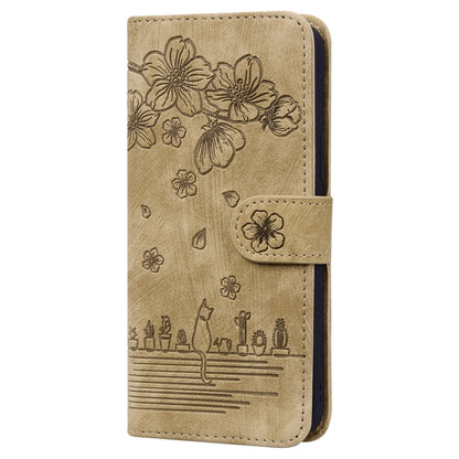 For Xiaomi Poco M4 Pro 4G Global Cartoon Sakura Cat Embossed Leather Phone Case(Brown) - Xiaomi Cases by buy2fix | Online Shopping UK | buy2fix