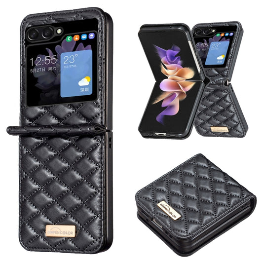 For Samsung Galaxy Z Flip5 Elegant Rhombic Texture Leather Phone Case(Black) - Galaxy Z Flip5 Cases by buy2fix | Online Shopping UK | buy2fix