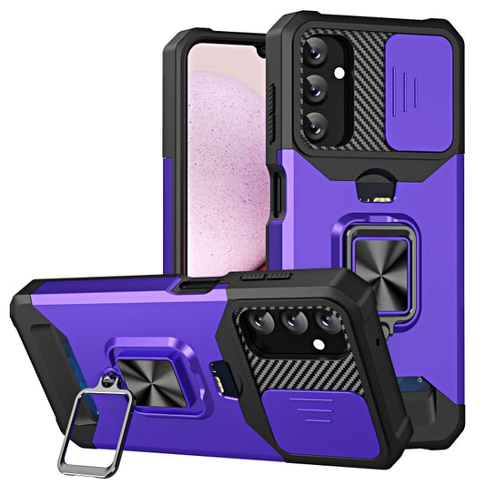 For Samsung Galaxy A14 5G Sliding Camshield Phone Case with Ring Holder & Card Slot(Purple) - Galaxy Phone Cases by buy2fix | Online Shopping UK | buy2fix