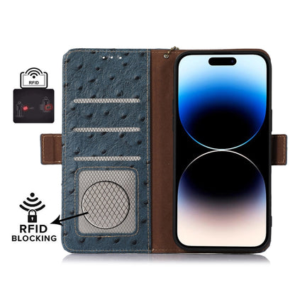 For Samsung Galaxy S22 5G Ostrich Pattern Genuine Leather RFID Phone Case(Blue) - Galaxy S22 5G Cases by buy2fix | Online Shopping UK | buy2fix