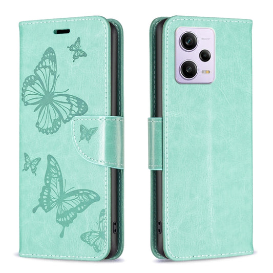 For Xiaomi Redmi Note 12 Pro 5G Global Embossing Two Butterflies Pattern Leather Phone Case(Green) - Note 12 Pro Cases by buy2fix | Online Shopping UK | buy2fix