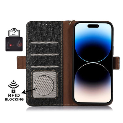 For Motorola Moto E13 4G 2023 Ostrich Pattern Genuine Leather RFID Phone Case(Black) - Motorola Cases by buy2fix | Online Shopping UK | buy2fix