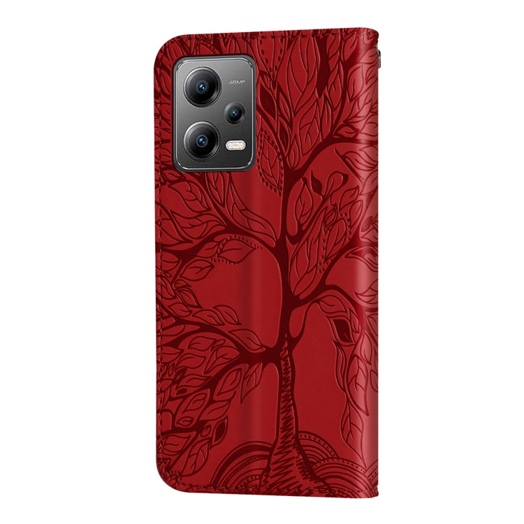 For Xiaomi Poco X5 Life Tree Embossing Pattern Leather Phone Case(Red) - Xiaomi Cases by buy2fix | Online Shopping UK | buy2fix