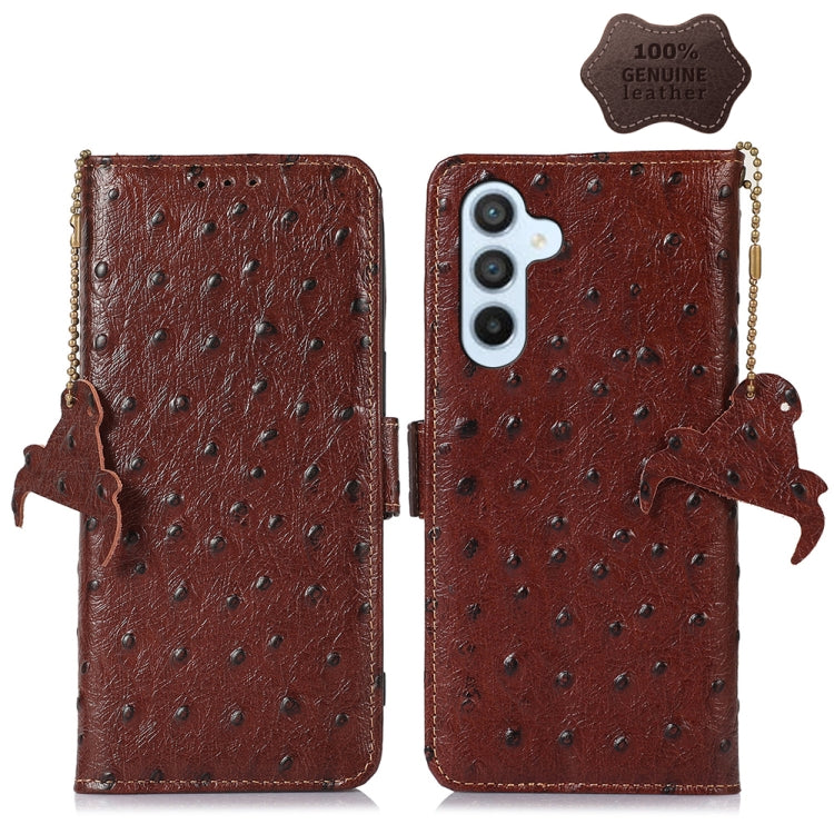 For Samsung Galaxy A14 5G / A14 4G Ostrich Pattern Genuine Leather RFID Phone Case(Coffee) - Galaxy Phone Cases by buy2fix | Online Shopping UK | buy2fix