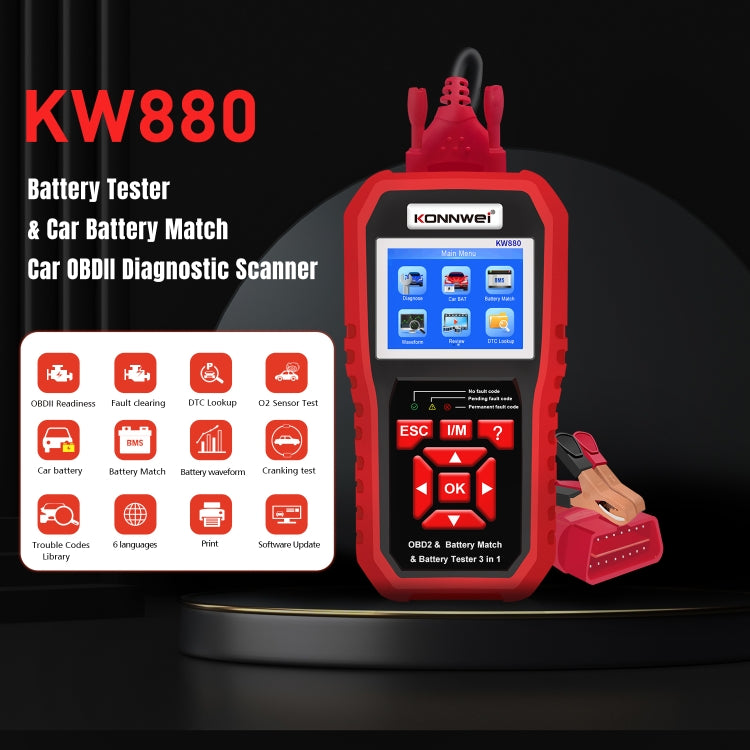 KONNWEI KW880 3 in 1 Car OBD2 Fault Diagnosis + Battery Tester + Battery Match Reset - Code Readers & Scan Tools by KONNWEI | Online Shopping UK | buy2fix