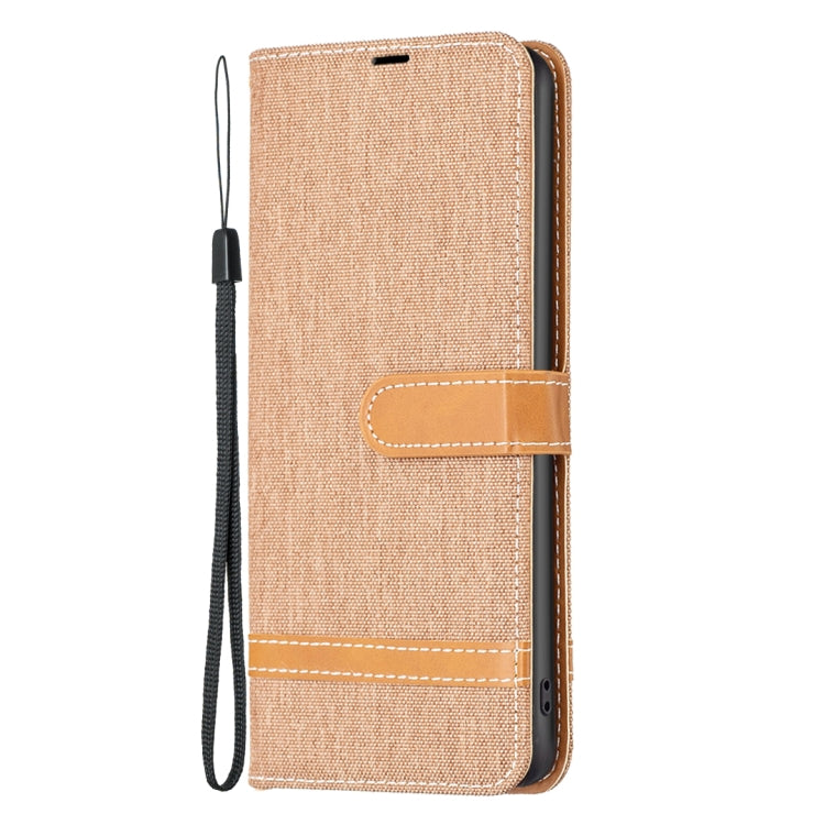 For Samsung Galaxy M14 5G Color Block Denim Texture Leather Phone Case(Brown) - Galaxy Phone Cases by buy2fix | Online Shopping UK | buy2fix