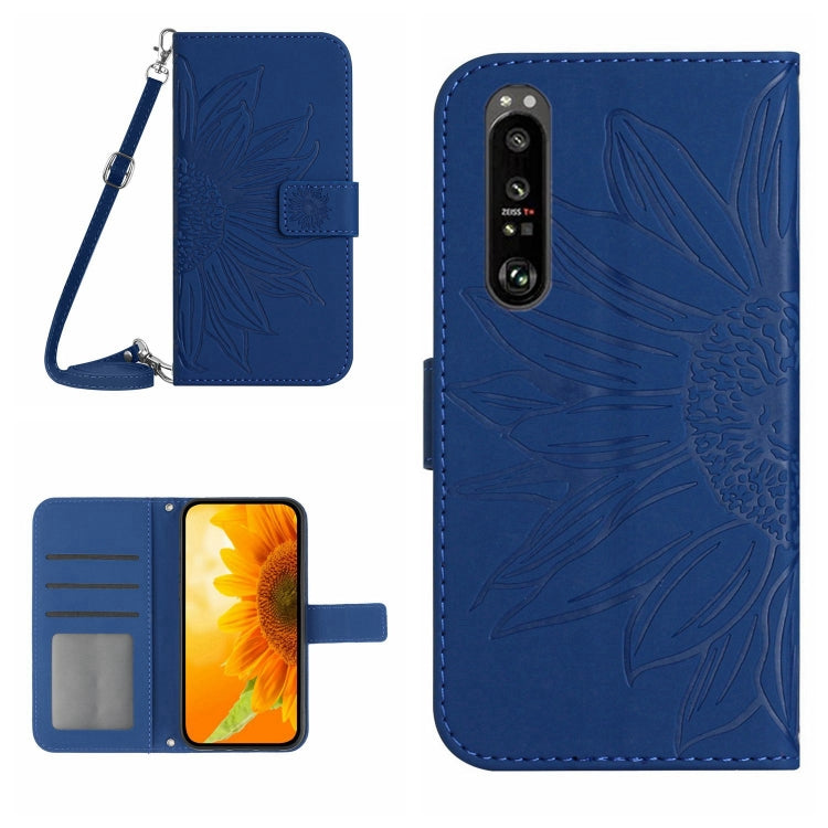 For Sony Xperia 1 V HT04 Skin Feel Sun Flower Embossed Flip Leather Phone Case with Lanyard(Dark Blue) - Sony Cases by buy2fix | Online Shopping UK | buy2fix