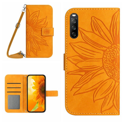 For Sony Xperia 10 V HT04 Skin Feel Sun Flower Embossed Flip Leather Phone Case with Lanyard(Yellow) - Sony Cases by buy2fix | Online Shopping UK | buy2fix
