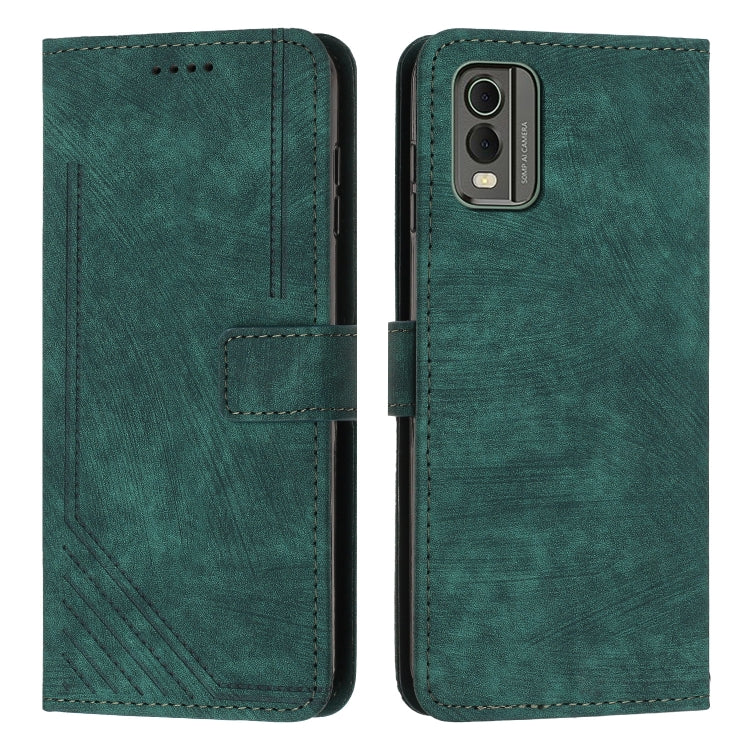 For Nokia C32 Skin Feel Stripe Pattern Leather Phone Case with Lanyard(Green) - Nokia Cases by buy2fix | Online Shopping UK | buy2fix