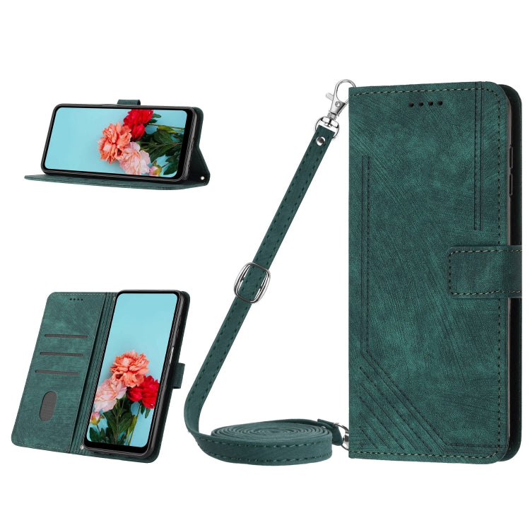 For Tecno Spark 10 Pro Skin Feel Stripe Pattern Leather Phone Case with Lanyard(Green) - Tecno Cases by buy2fix | Online Shopping UK | buy2fix