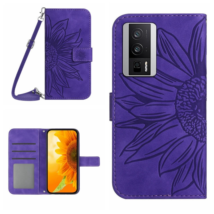 For Xiaomi Poco F5 Pro Skin Feel Sun Flower Embossed Flip Leather Phone Case with Lanyard(Dark Purple) - Xiaomi Cases by buy2fix | Online Shopping UK | buy2fix