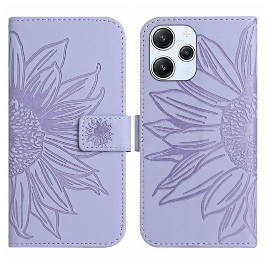 For Xiaomi Redmi 12 4G Global Skin Feel Sun Flower Embossed Flip Leather Phone Case with Lanyard(Purple) - Xiaomi Cases by buy2fix | Online Shopping UK | buy2fix