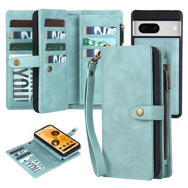 For Google Pixel 7 Zipper Wallet Detachable MagSafe Leather Phone Case(Blue) - Google Cases by buy2fix | Online Shopping UK | buy2fix
