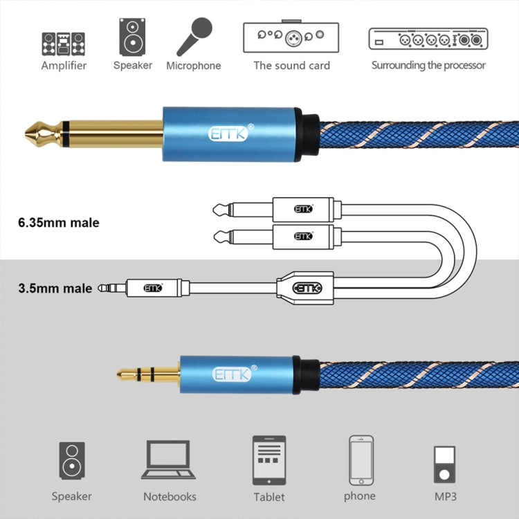 EMK 3.5mm Jack Male to 2 x 6.35mm Jack Male Gold Plated Connector Nylon Braid AUX Cable for Computer / X-BOX / PS3 / CD / DVD, Cable Length:2m(Dark Blue) - Audio Optical Cables by buy2fix | Online Shopping UK | buy2fix