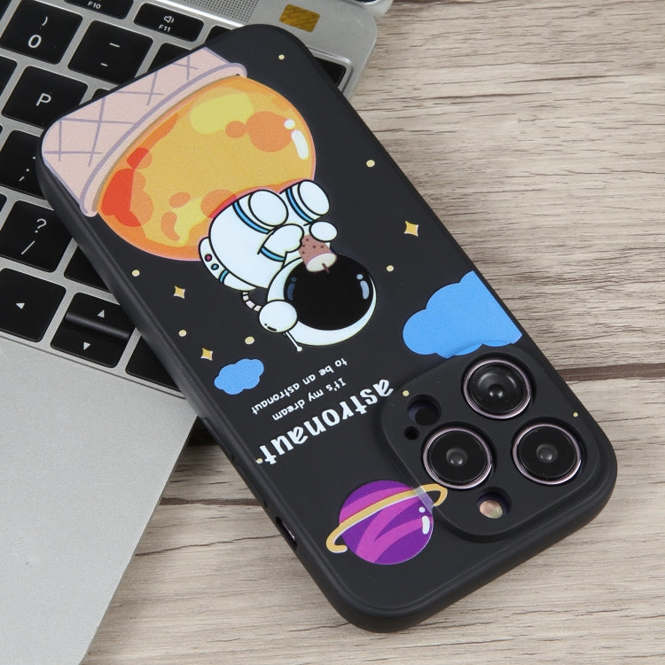 For iPhone 14 Pro Milk Tea Astronaut Pattern Liquid Silicone Phone Case(Ivory Black) - iPhone 14 Pro Cases by buy2fix | Online Shopping UK | buy2fix