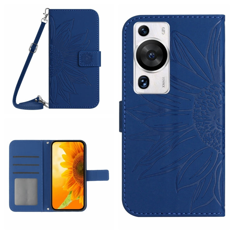 For Huawei P60 Pro Skin Feel Sun Flower Embossed Flip Leather Phone Case with Lanyard(Dark Blue) - Huawei Cases by buy2fix | Online Shopping UK | buy2fix